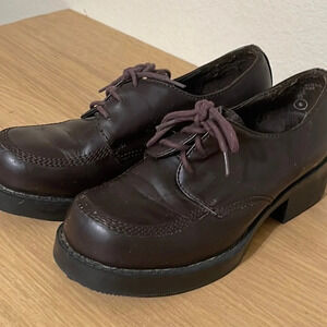 Vintage 90s Y2K Lower East Side Brown Faux Leather Chunky Loafer Lace Up Shoes 6